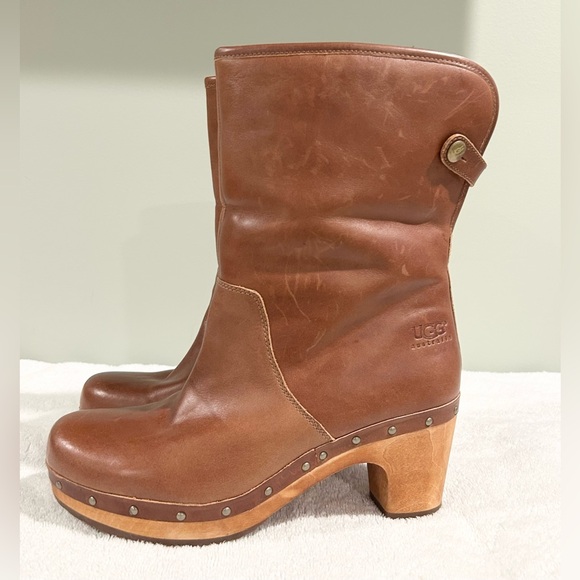 UGG Australia Leather Shearling Clog Boots Wooden Heel Platform Near New Size 8 - Picture 3 of 14